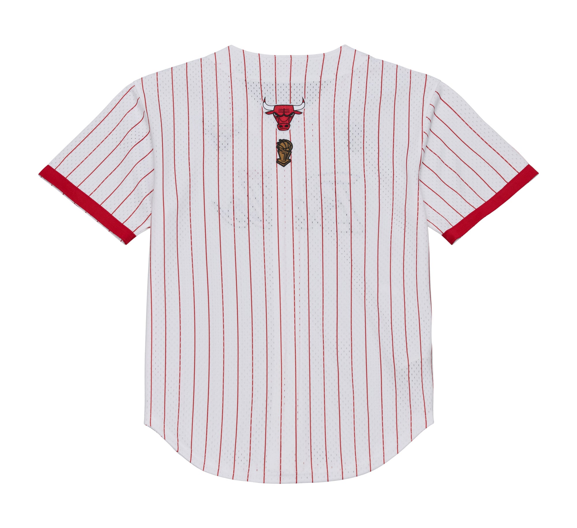 Mitchell & Ness Chicago Bulls hvide stribet mesh T-shirt med knap front og "Head Coach" print.