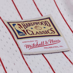 Mitchell & Ness Chicago Bulls hvid striped mesh t-shirt med knapfront og logo, sportswear til basketballfans.