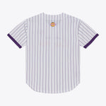 Mitchell & Ness Los Angeles Lakers hvid striped mesh T-shirt med knap-front, afslappet sportstøj til basketballfans.