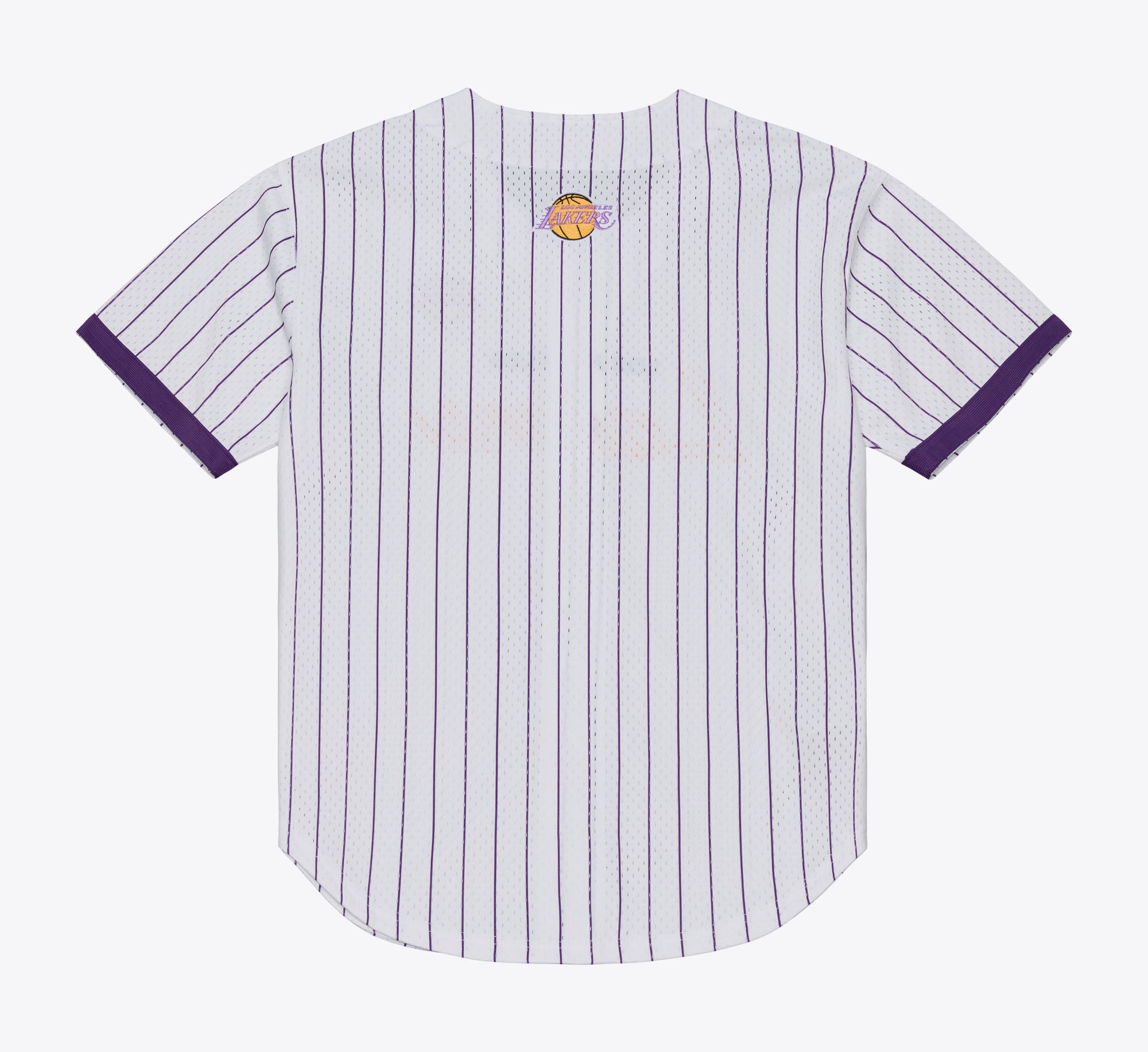 Mitchell & Ness Los Angeles Lakers hvid striped mesh T-shirt med knap-front, afslappet sportstøj til basketballfans.