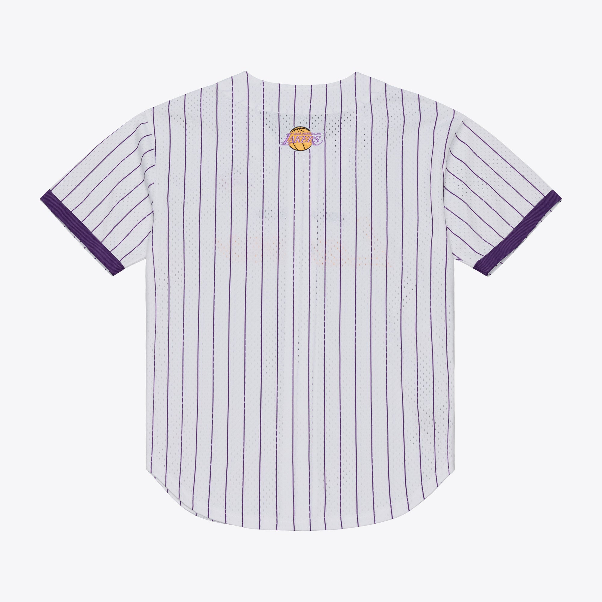 Mitchell & Ness Los Angeles Lakers hvid striped mesh T-shirt med knap-front, afslappet sportstøj til basketballfans.