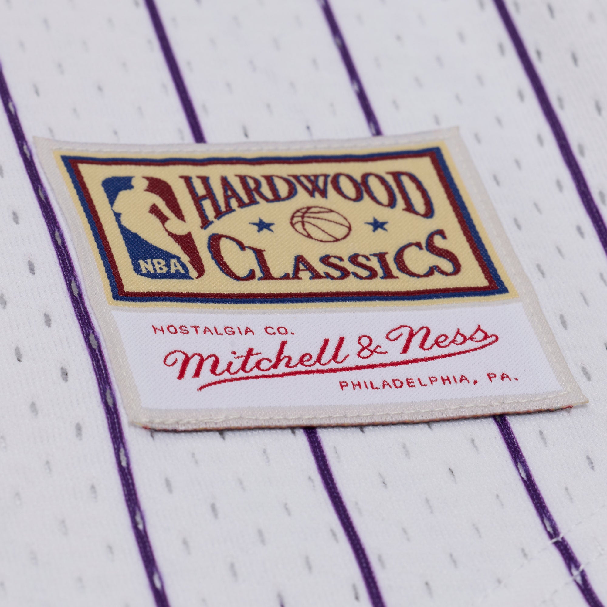 Mitchell & Ness Los Angeles Lakers Hovedtræner hvid striped mesh t-shirt med knapfront.