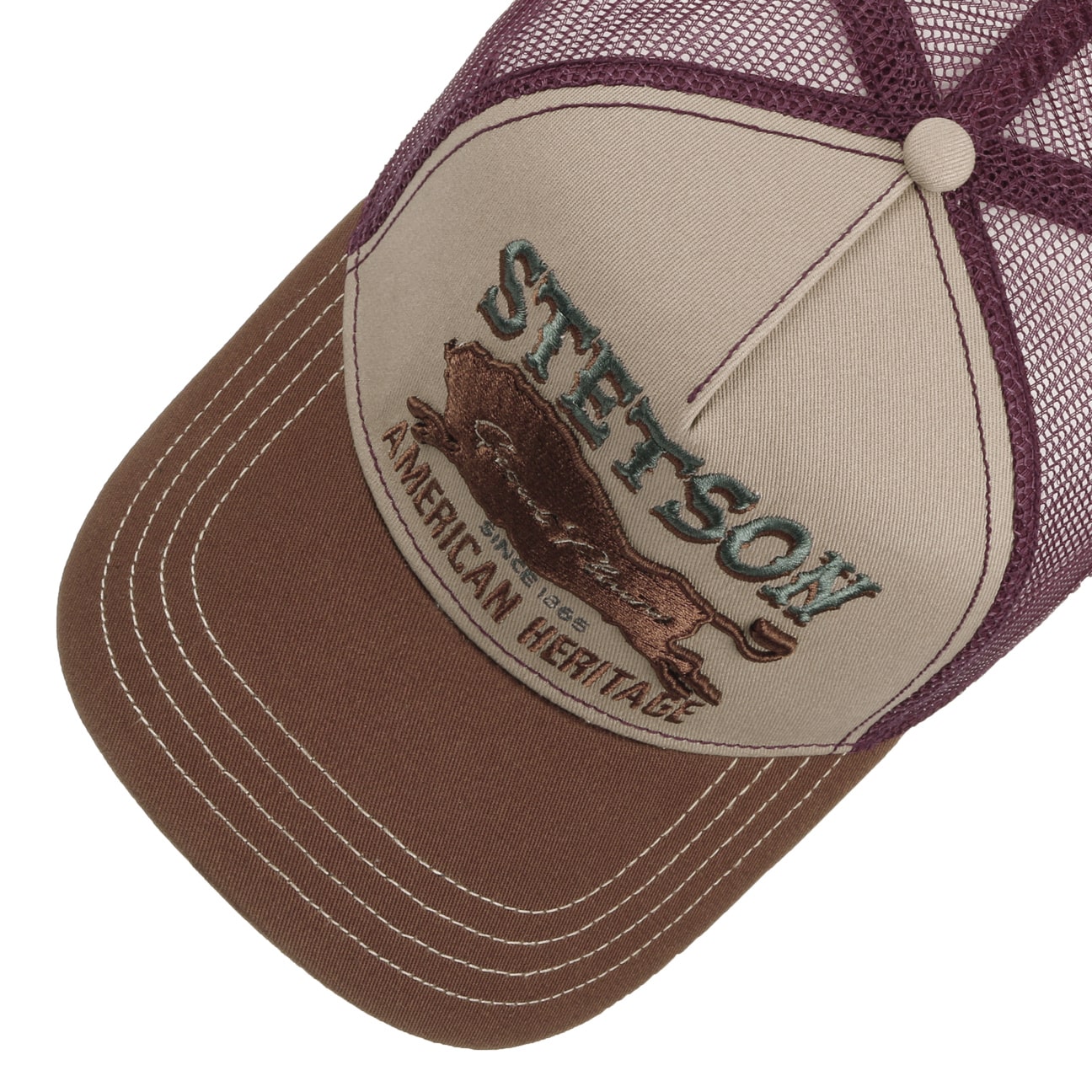 Stetson Great Plains trucker cap i khaki, brun og rød med netryg, casual hovedbeklædning til udendørs brug