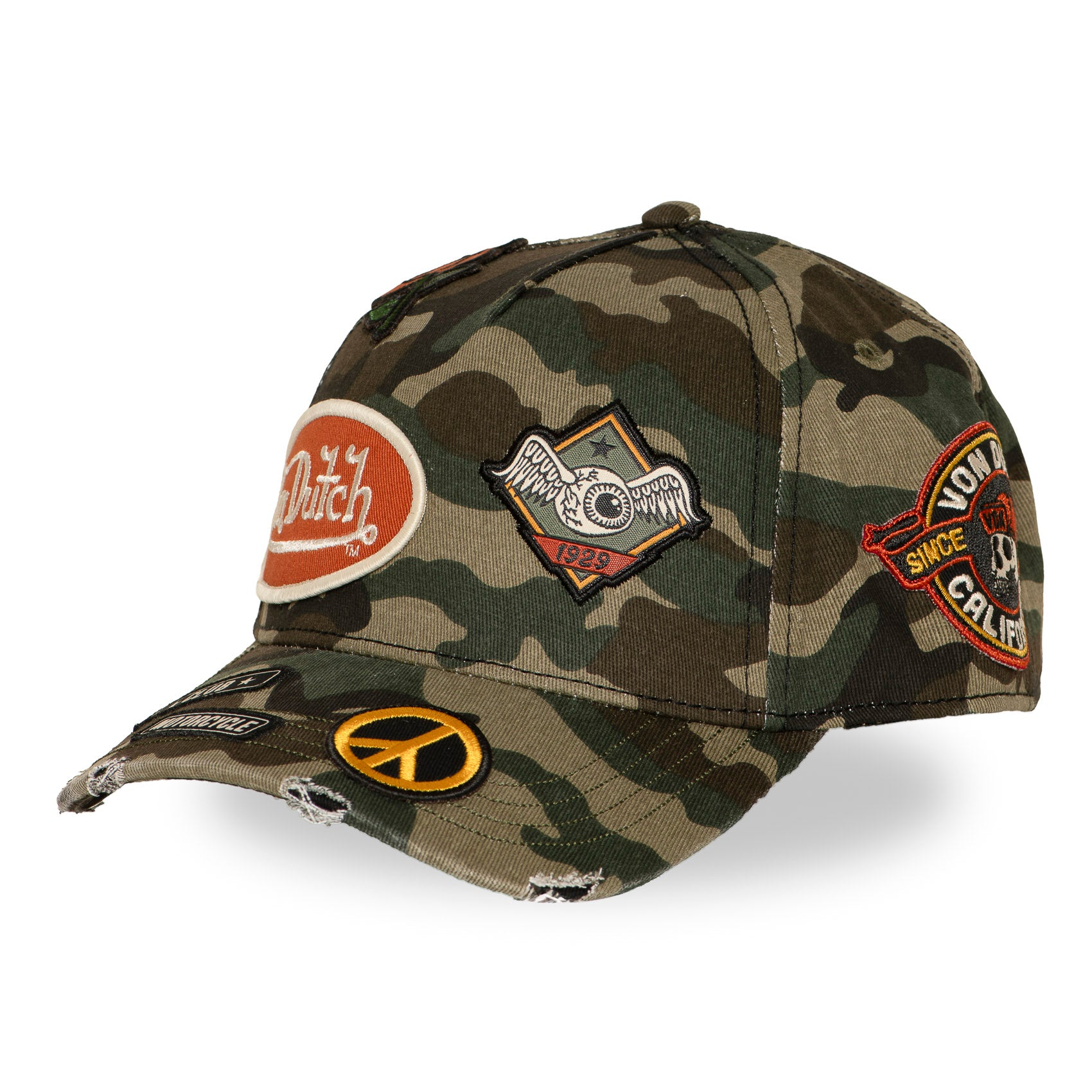 Von Dutch baseballkasket med A-Frame design i grøn camouflage med all-over print, klassisk cap stil.