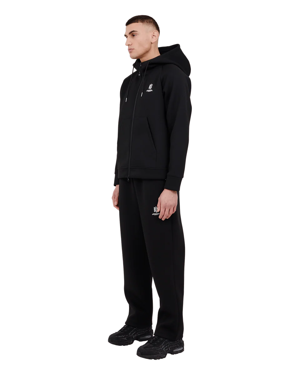 Sort BLS Edwin Zip Hoodie med lynlås og hætte, blødt bomuldsstof med logo på brystet, vises i billedet.