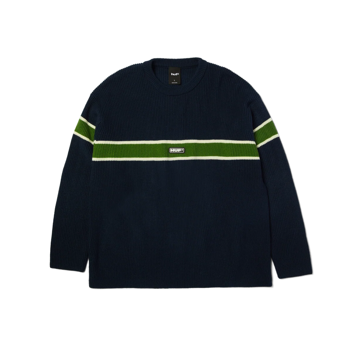 HUF Winnfield crewneck striktrøje i marineblå med klassisk rund halsagaduhan