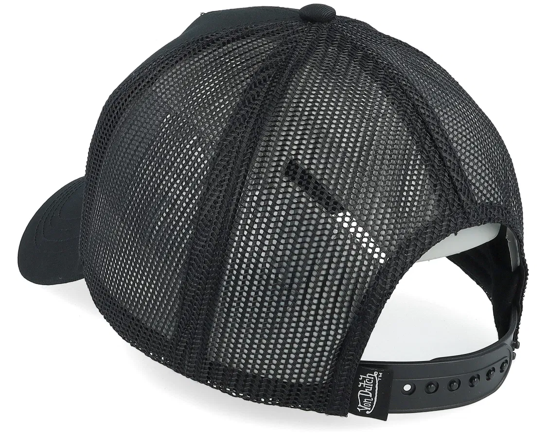 Sort Von Dutch baseballhætte med 5-panel trucker cap i gummi-patch design, klassisk og stilfuld til afslappet brug