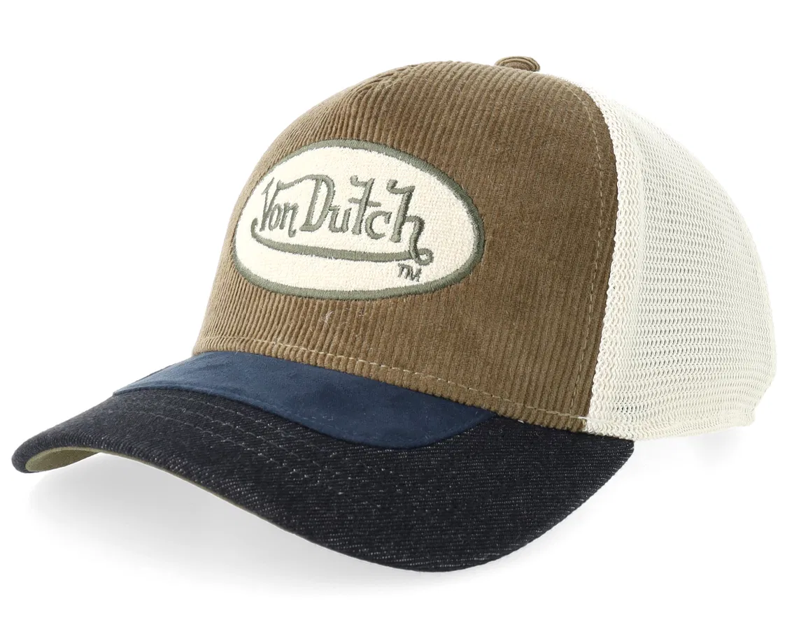 Von Dutch trucker cap med oval badge og skjolddesign i brun, navy og beige, afslappet og stilfuld hovedbeklædning