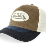 Von Dutch trucker cap med oval badge og skjolddesign i brun, navy og beige, afslappet og stilfuld hovedbeklædning