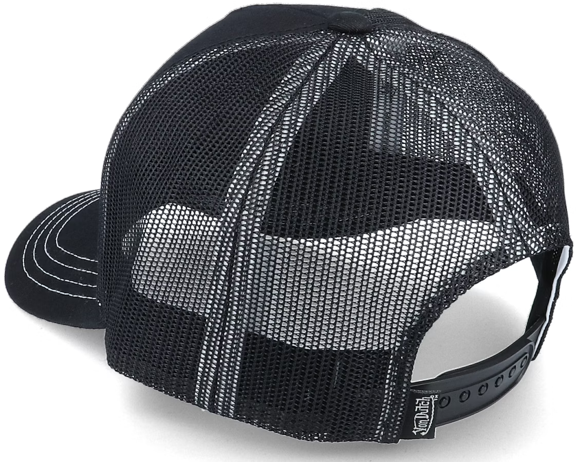 Sort Von Dutch trucker cap med oval patch og syninger, klassisk design i en afslappet stil.