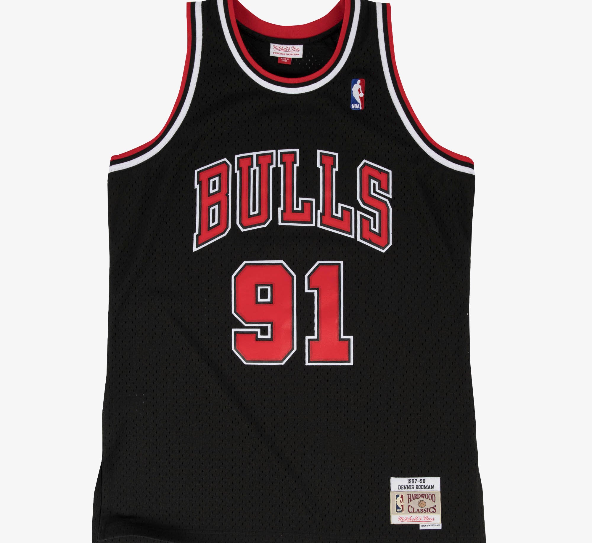 Mitchell & Ness swingman basketballtrøje til Dennis Rodman 1997 i sort, med sportligt design og basketball-tryk.
