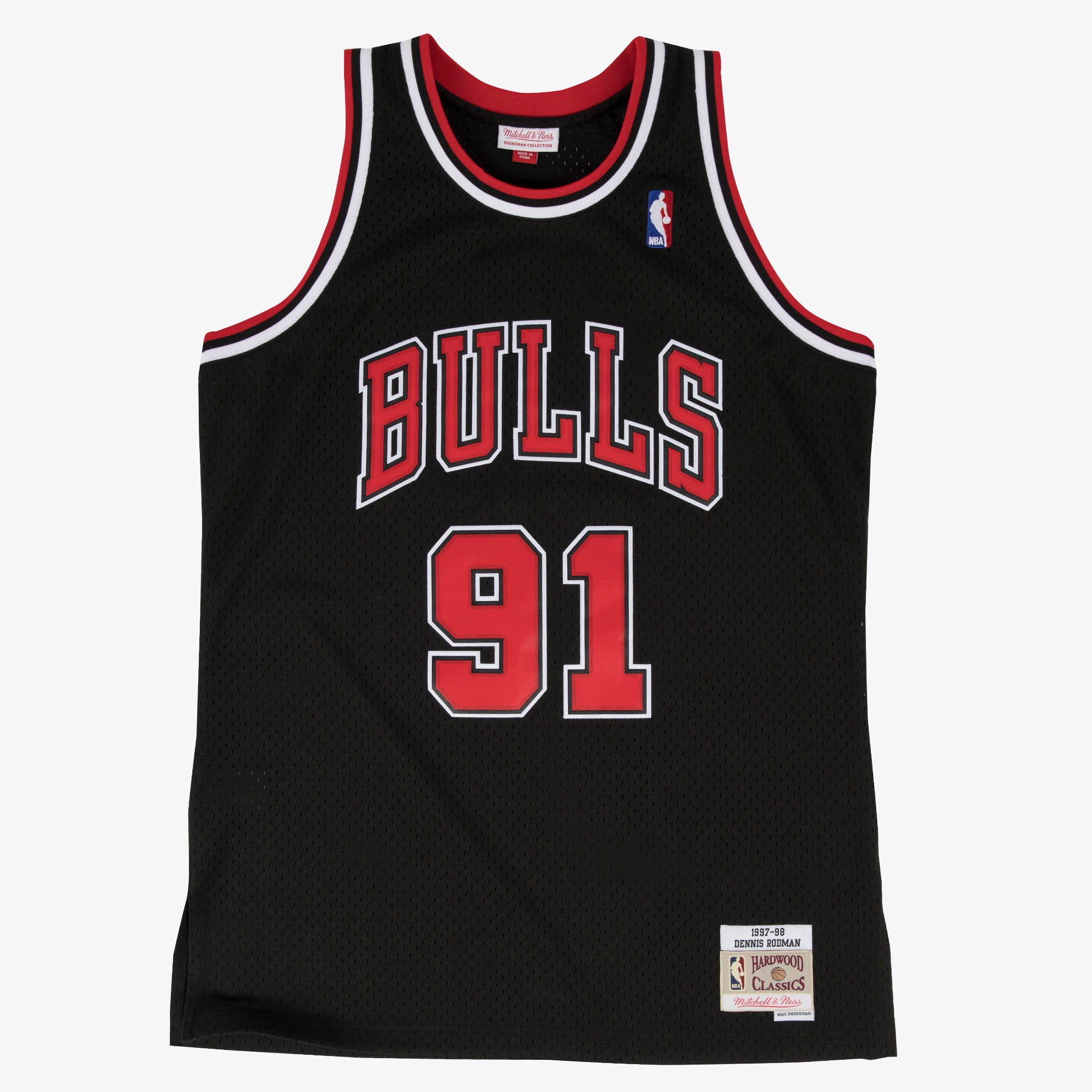 Mitchell & Ness swingman basketballtrøje til Dennis Rodman 1997 i sort, med sportligt design og basketball-tryk.