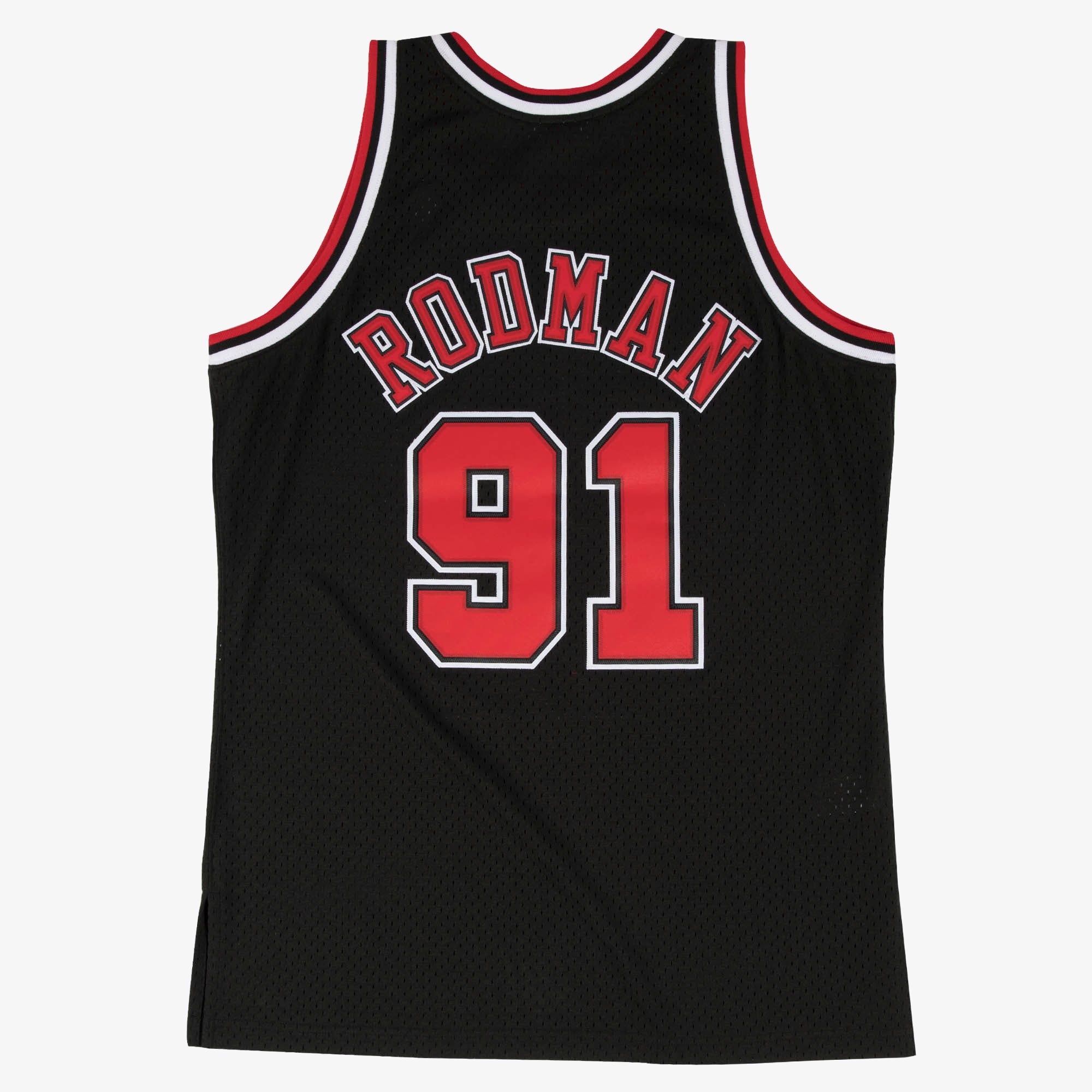 Sort Mitchell & Ness Swingman Dennis Rodman 1997 basketball jersey, detaljevisning af stoffet og nummeret.