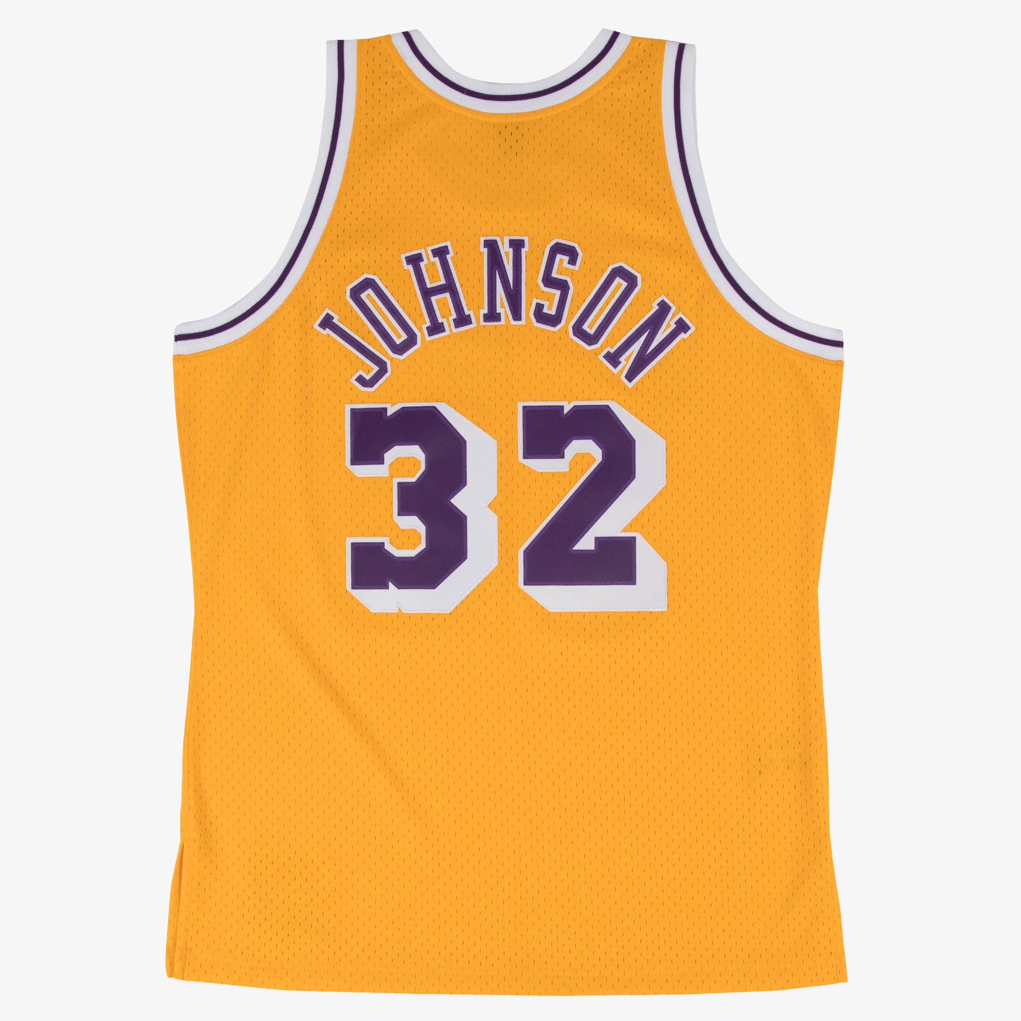 Mitchell & Ness Swingman T-shirt med Magic Johnson 1984 print i lyseguld farve, komfortabel basketball-inspireret tøj.