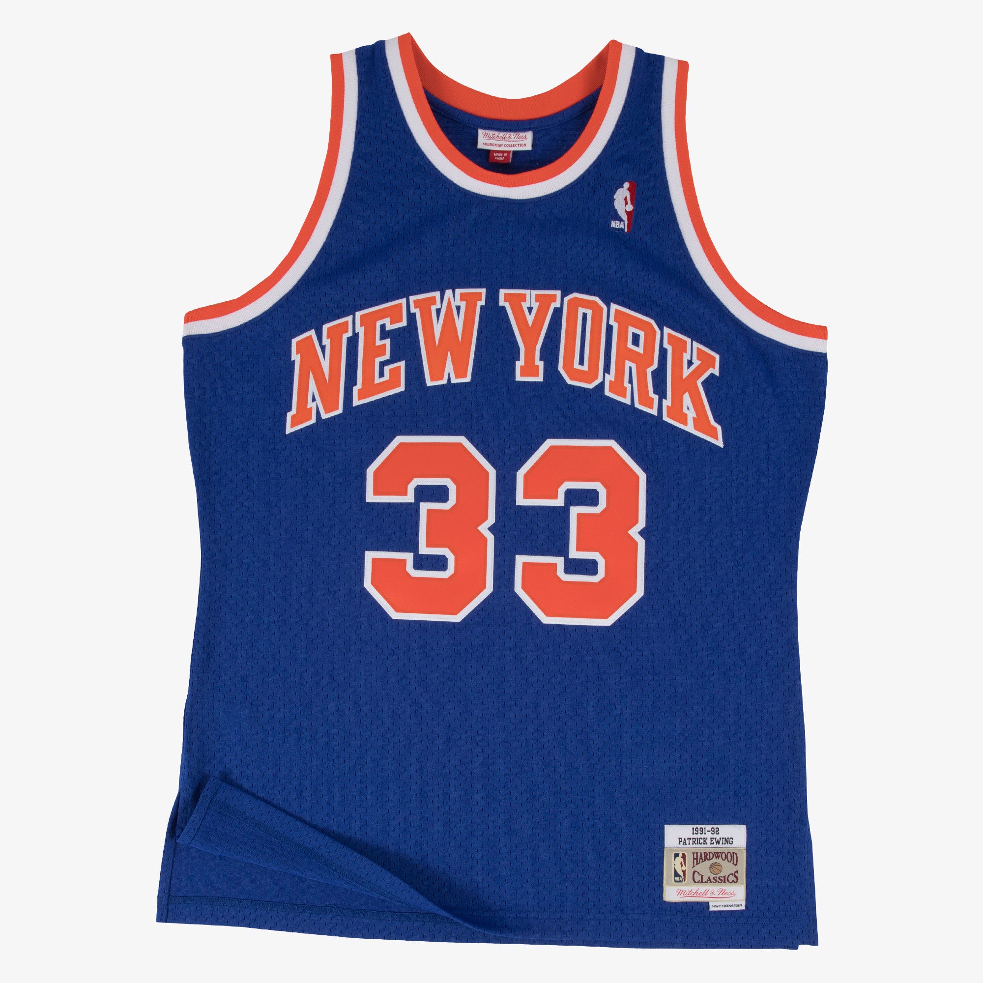 Mitchell & Ness Patrick Ewing 1991 swingman basketball Jersey i royalblå farve, detaljeret visning af sportstøj.
