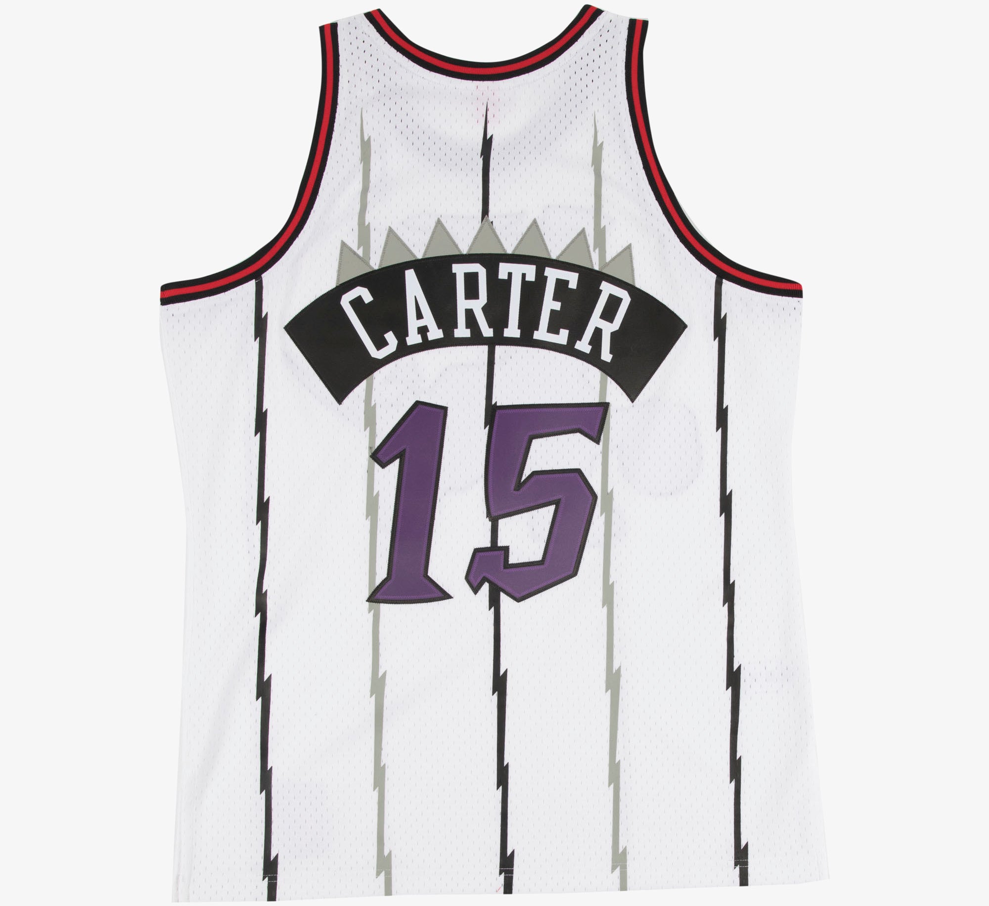 Hvid Mitchell & Ness Vince Carter 1998 Swingman basketballtrøje, vises med detaljer og logo på forsiden