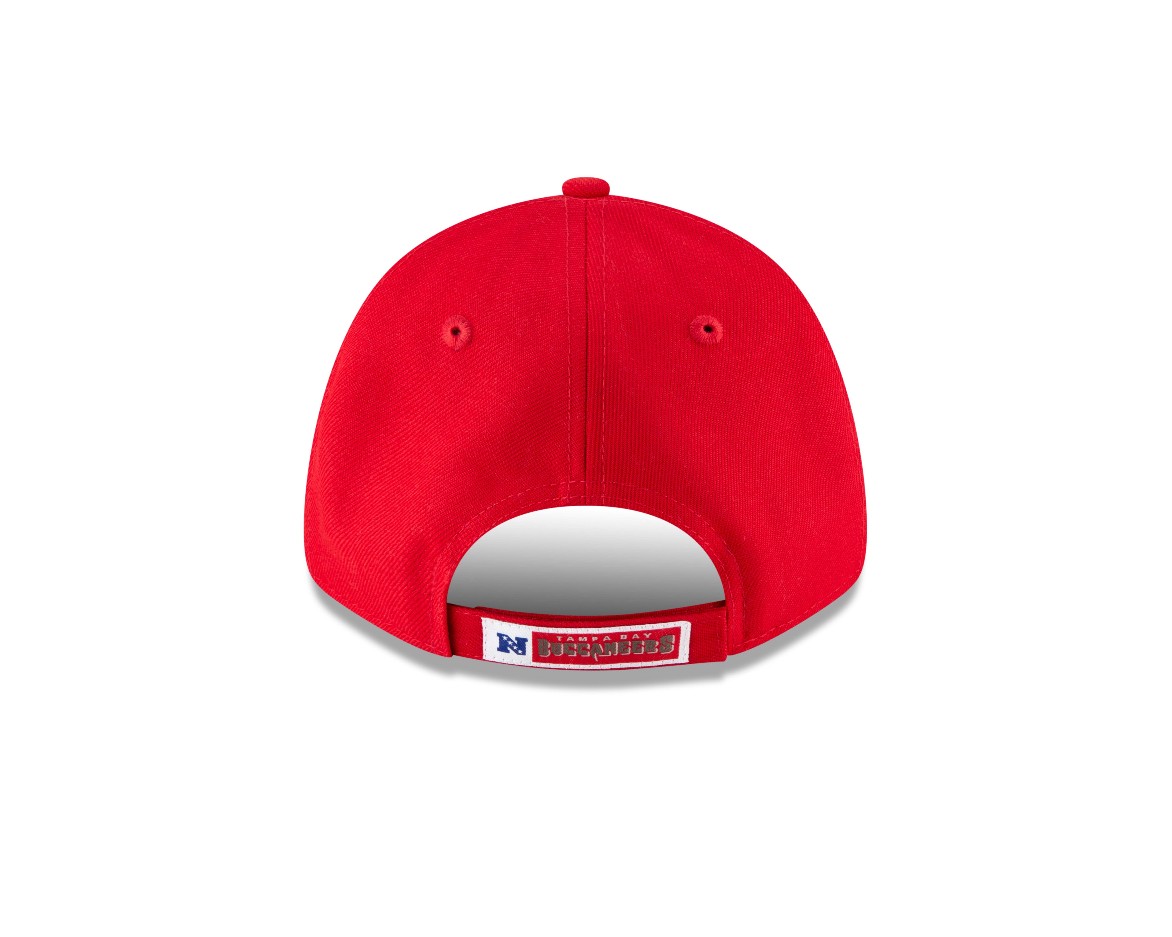 Rød New Era Tampa Bay Buccaneers 9FORTY cap med logo, justeret pasform og sportslig design, frontvisning.