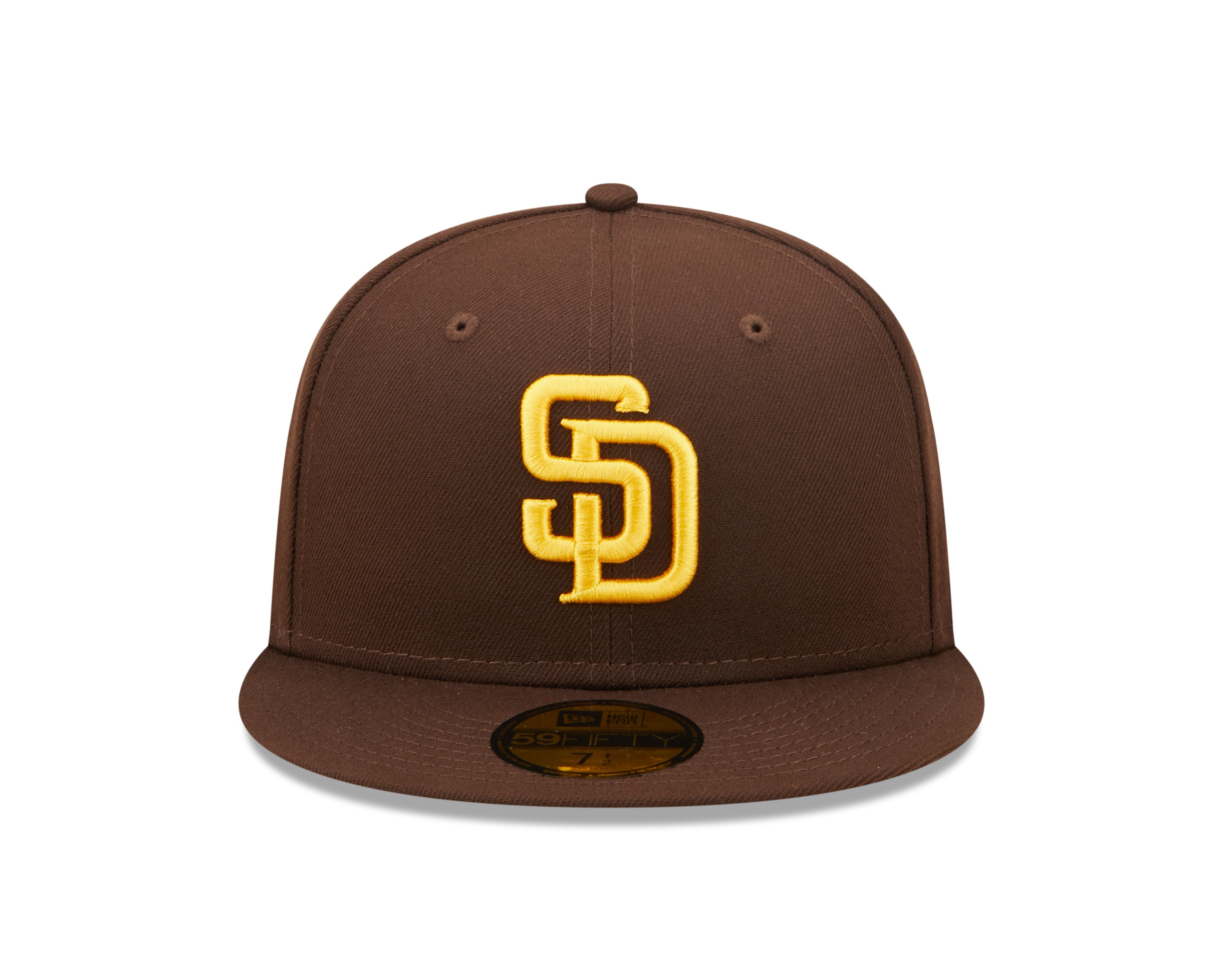 New Era 59FIFTY fitted cap til San Diego Padres i brunt, autentisk on-field design, sporty og stilfuld hovedbeklædning