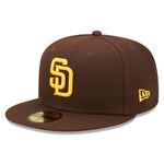 Brun New Era 59FIFTY Fitted Cap med San Diego Padres logo, autentisk on-field baseball cap, detaljeret visning