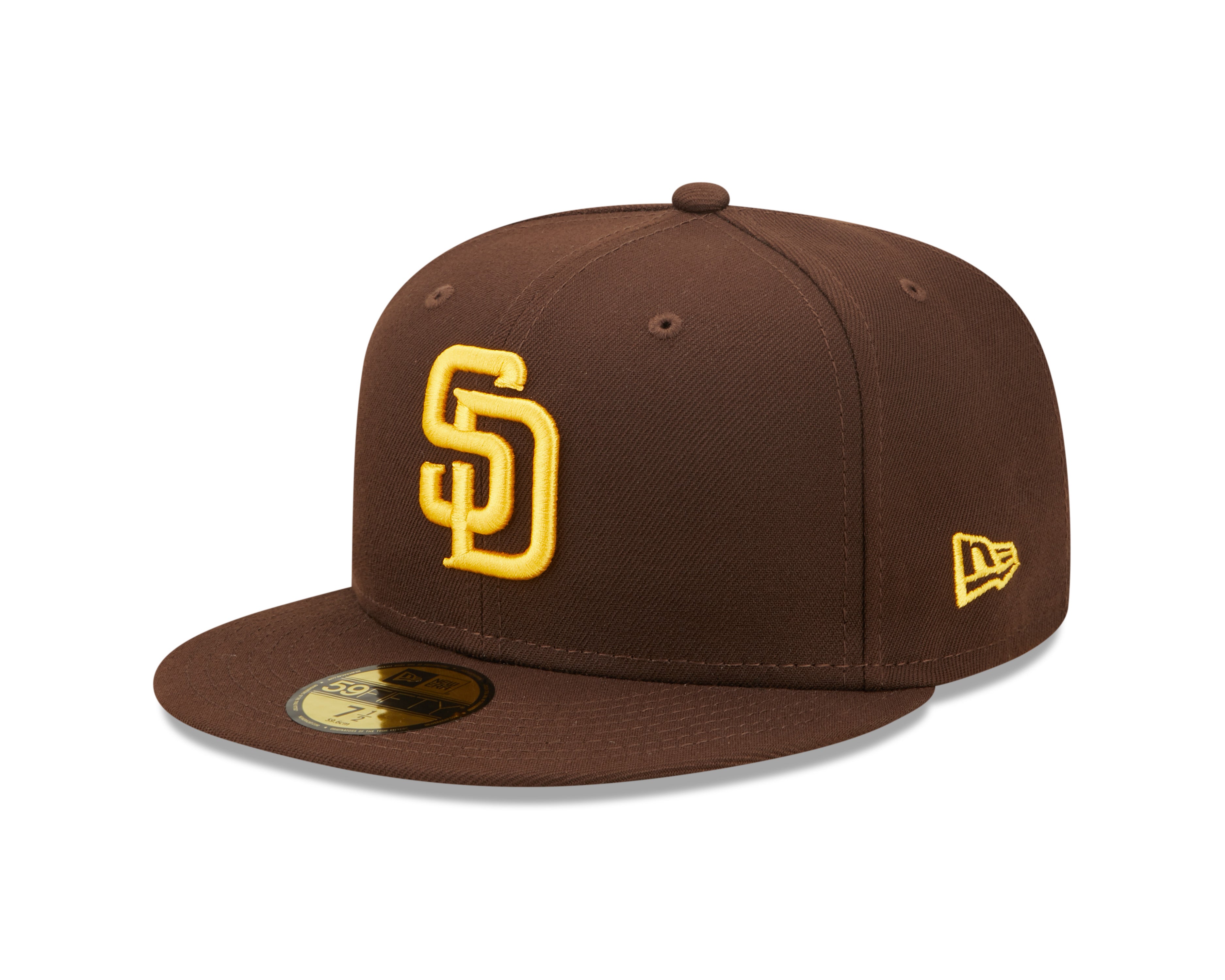 Brun New Era 59FIFTY Fitted Cap med San Diego Padres logo, autentisk on-field baseball cap, detaljeret visning