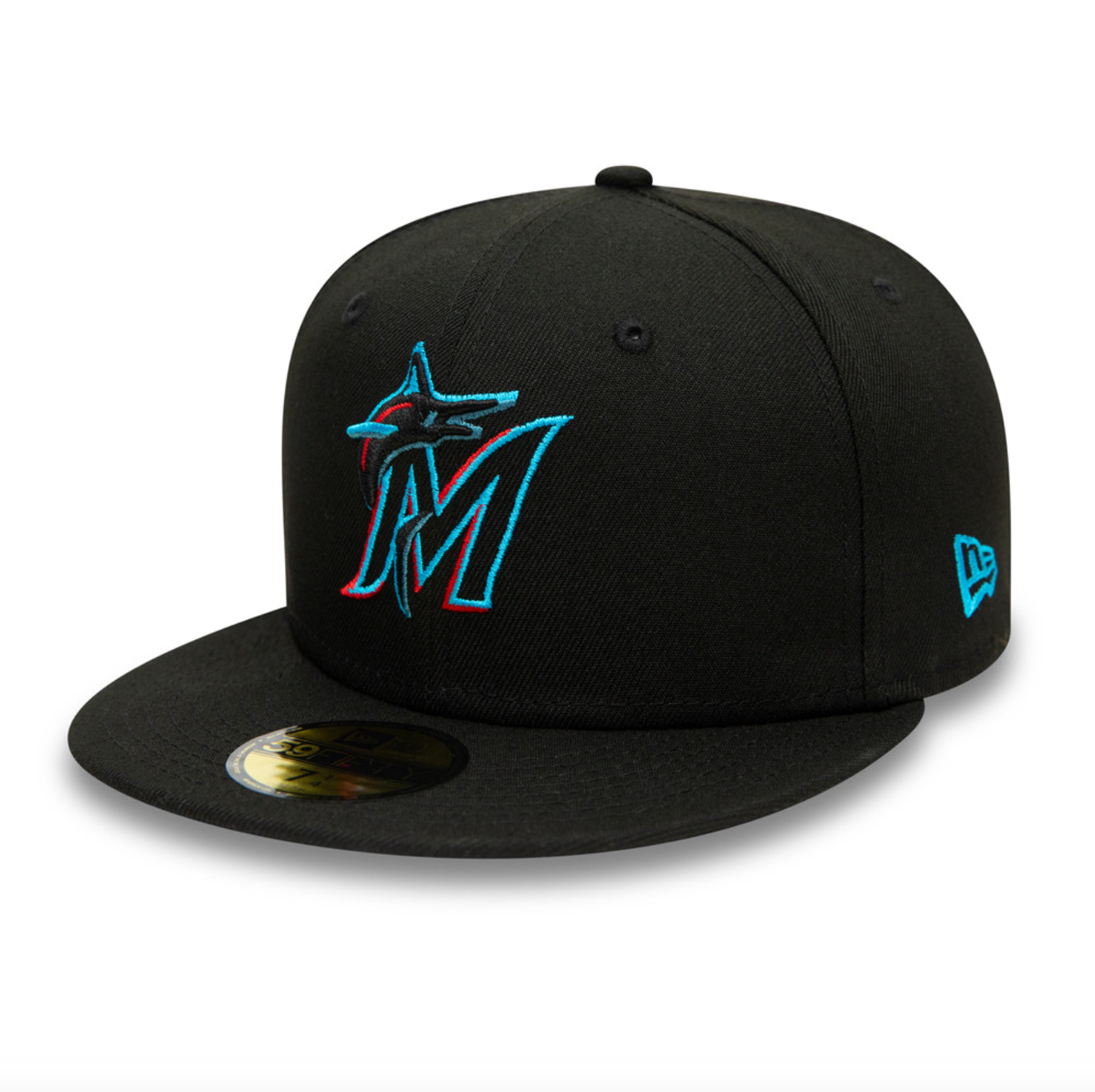 Sort New Era Miami Marlins on-field 59Fifty fitted cap med logo og sportlig design.