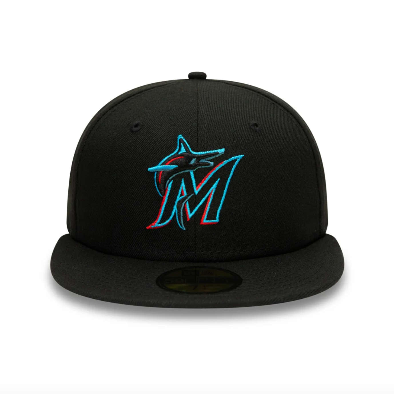 Sort New Era Miami Marlins 59Fifty påfaldende fittet baseballkasket med teamlogo og flat skygge.